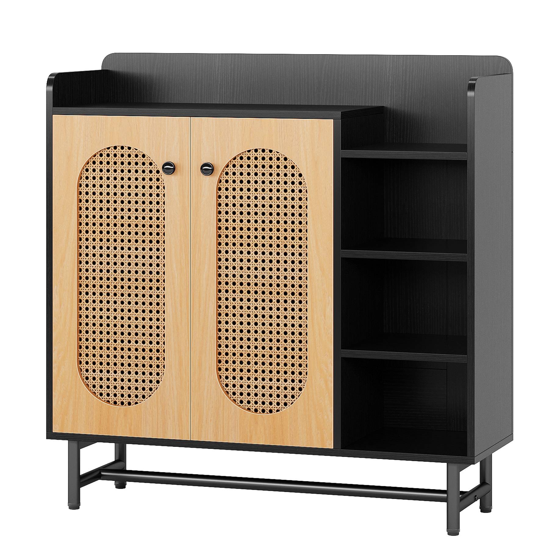 Rattan Shoe Cabinet, Shoe Storage Organizer with Doors & Open Shelves