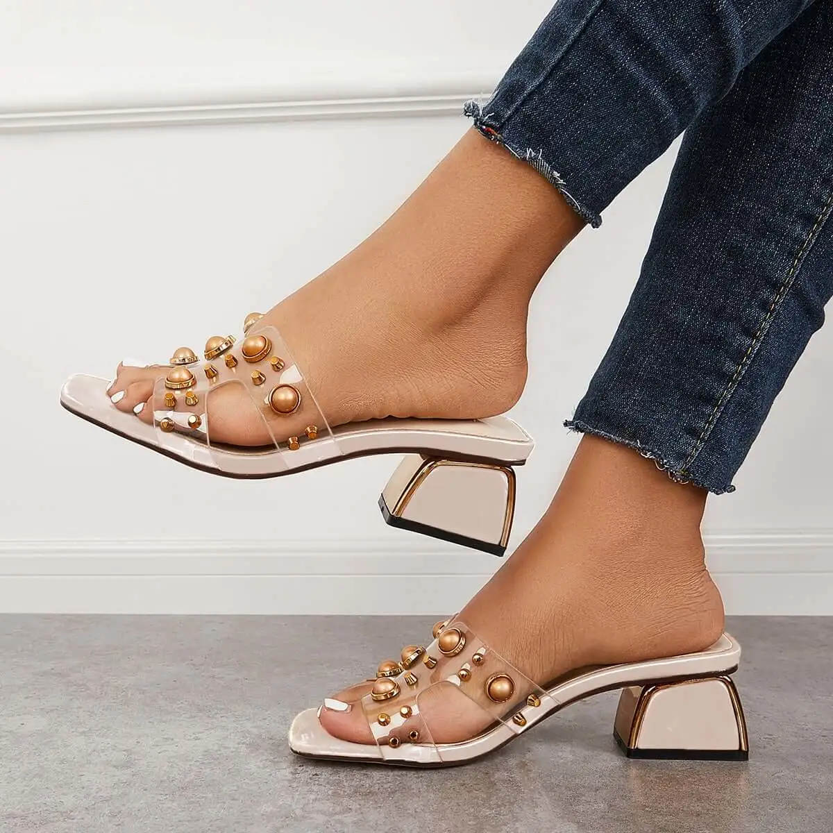Clear Mules Block Low Heel Slippers Slip on Sandals