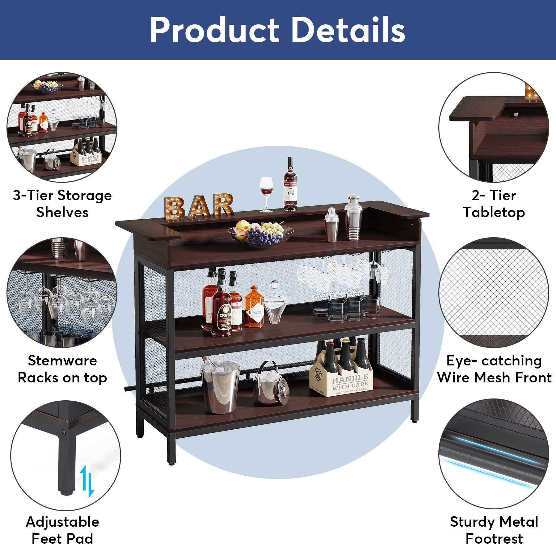 Home Bar Unit, Industrial 3 Tier Liquor Bar Table with Stemware Rack