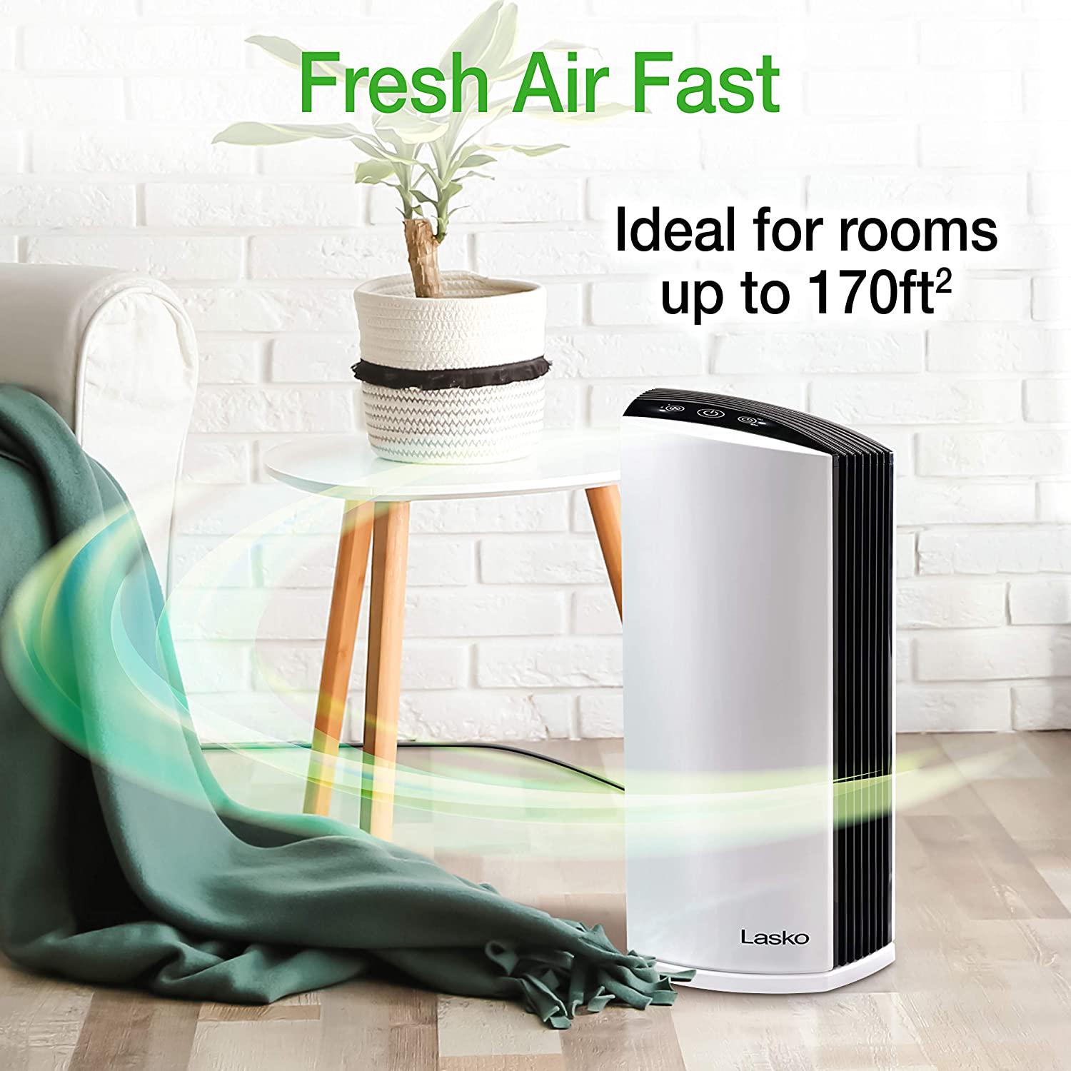 Lasko LP300 HEPA Tower Air Purifier with Timer for a Cleaner， Fresher Home Environment， LP300， White
