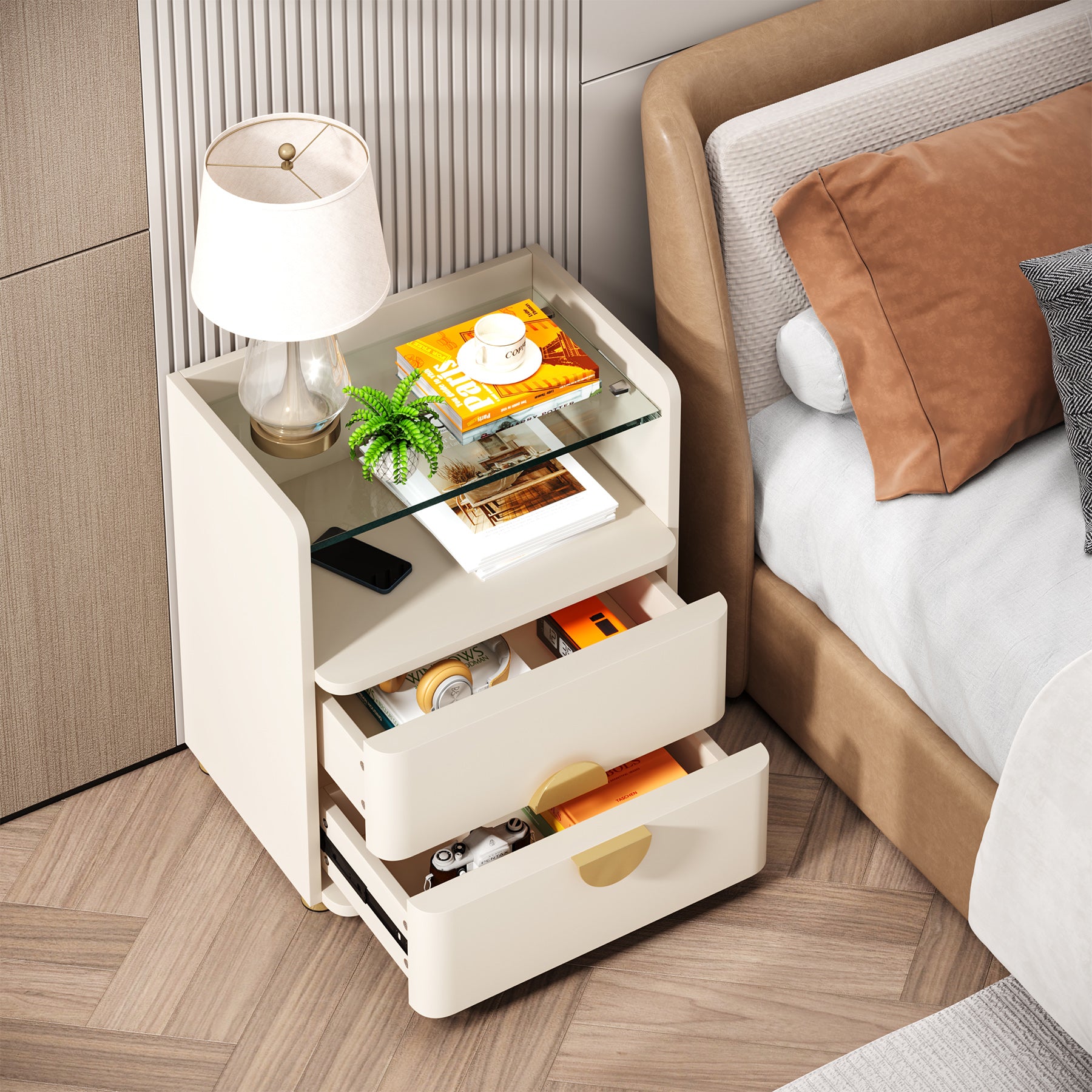 2-Drawer Nightstand, Modern Bedside Table with Open Storage