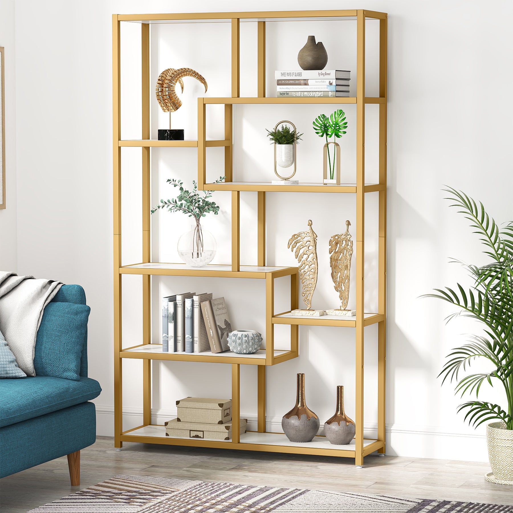 Modern Bookshelf, 8-Open Shelf Etagere Bookcase Storage Organizer