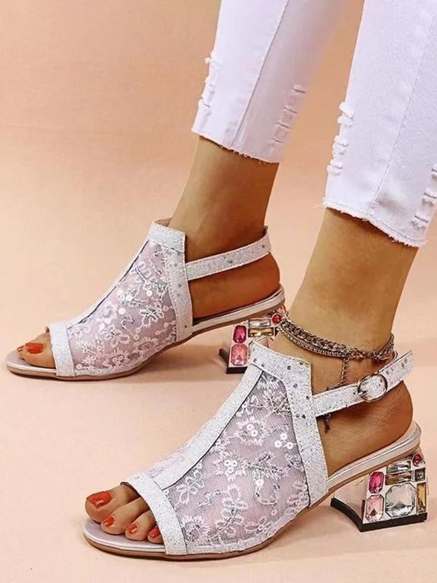 Mesh Sequined Fish Mouth Chunky Heel Sandals