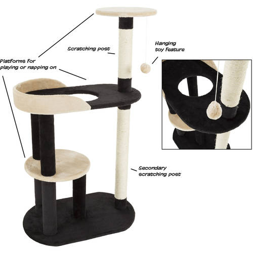 3-Tier Cat Tower with 2 Napping Perches， Peek Hole， 2 Sisal Rope Scratching Posts， and Hanging Toy – Cat Tree for Indoor Cats by PETMAKER (Black)