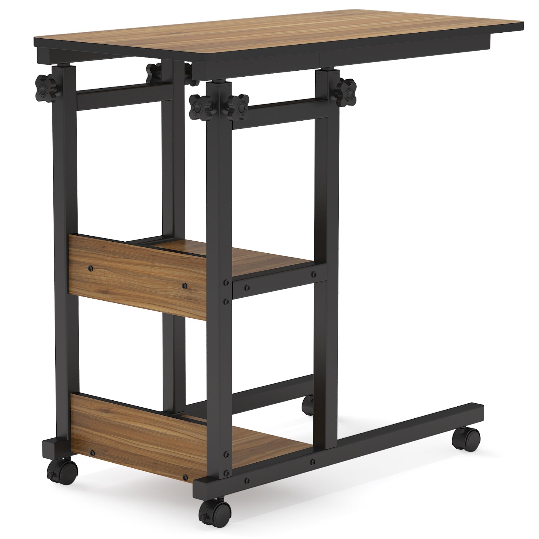 Mobile C Table, Height Adjustable Side Table with Storage Shelves