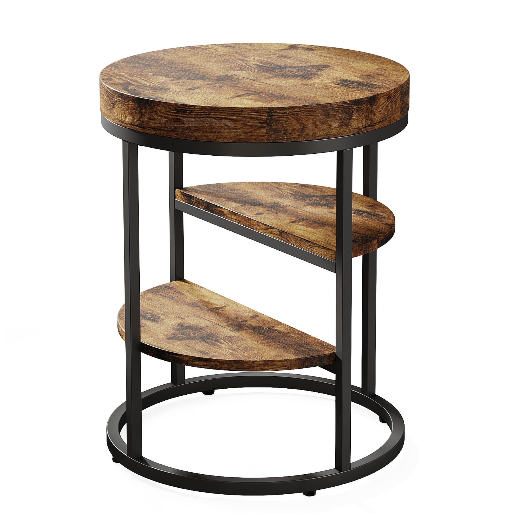 Round End Table, Small  Side Table Nightstand with 3-Tier Shelves