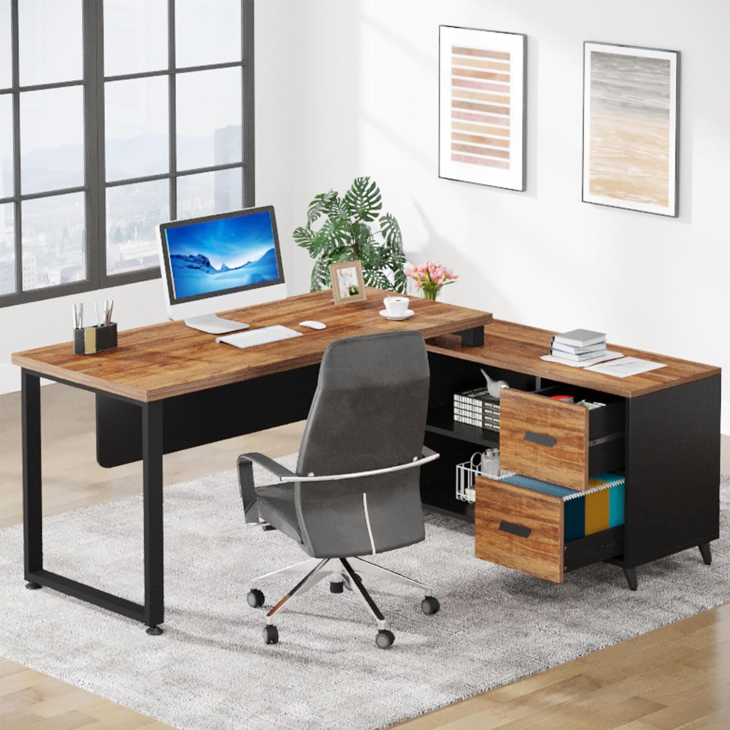 55 Inch L-Shaped Computer Executive Desk with 47 inch File Cabinet