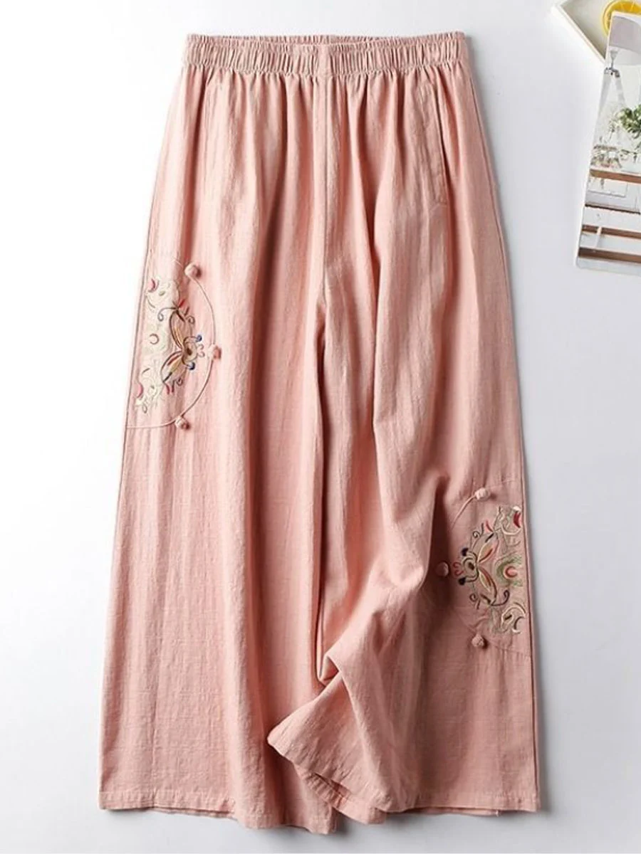 Casual Loose Embroidered Elastic Waist Pants