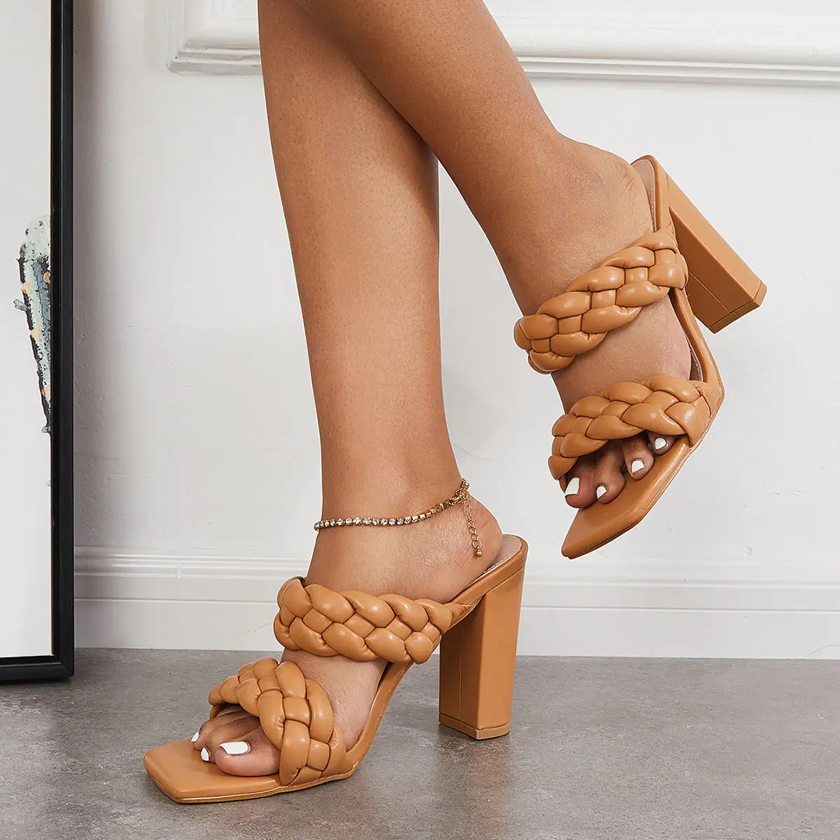 Braided Chunky Heeled Mules Square Toe High Heel Sandals