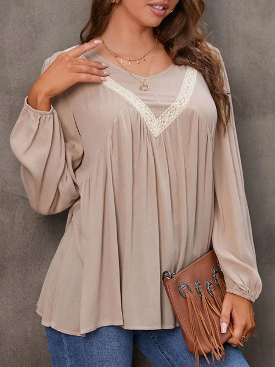 V-neck Casual Loose Lace Panel Long Sleeve Blouse