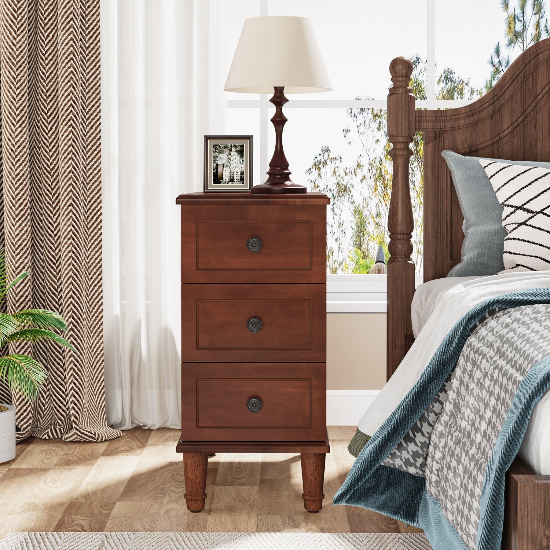 Wood Nightstand, Fully Assembled Narrow Side Table with 3 Drawers