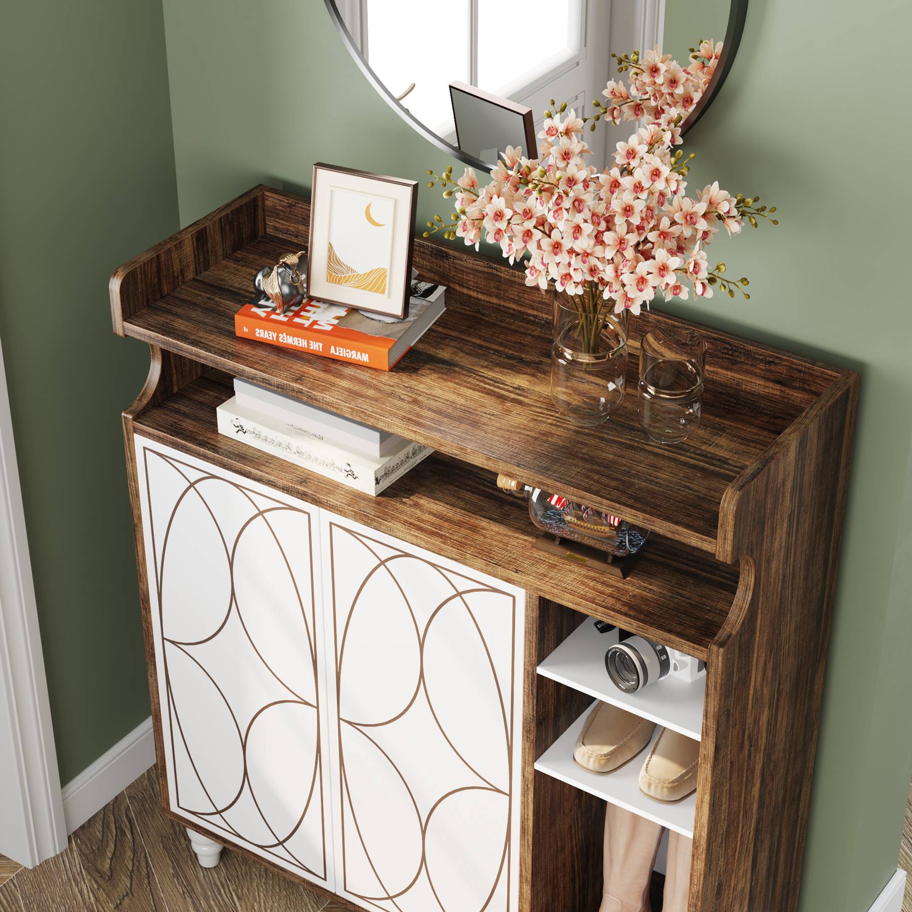 Wooden Shoe Cabinet, Shoe Organizer with Doors & Adjustable Shelves