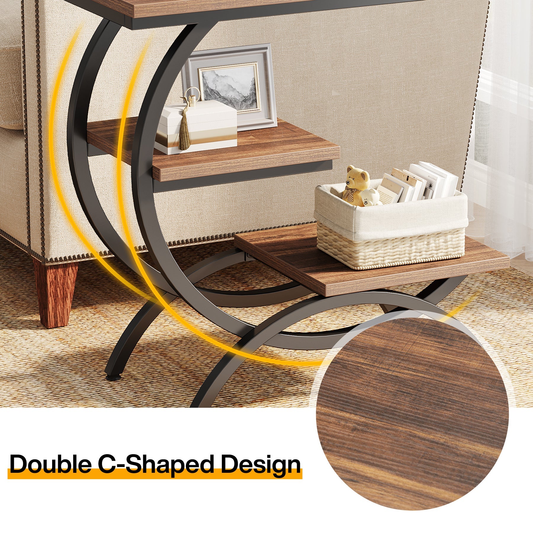 C-Shaped End Table, Industrial 3-Tier Side Table for Small Space