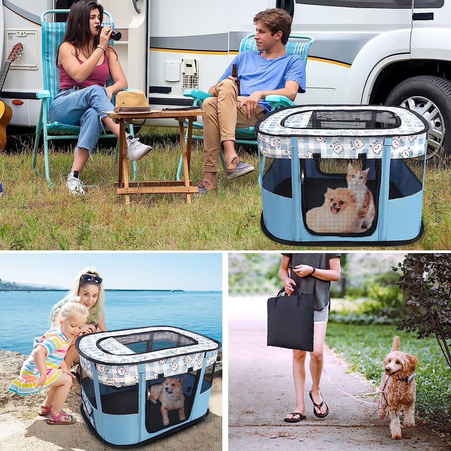 Portable Collapsible Dog Crate， Travel Dog Crate  Foldable for Large Cats and Small Dogs Indoor and Outdoor