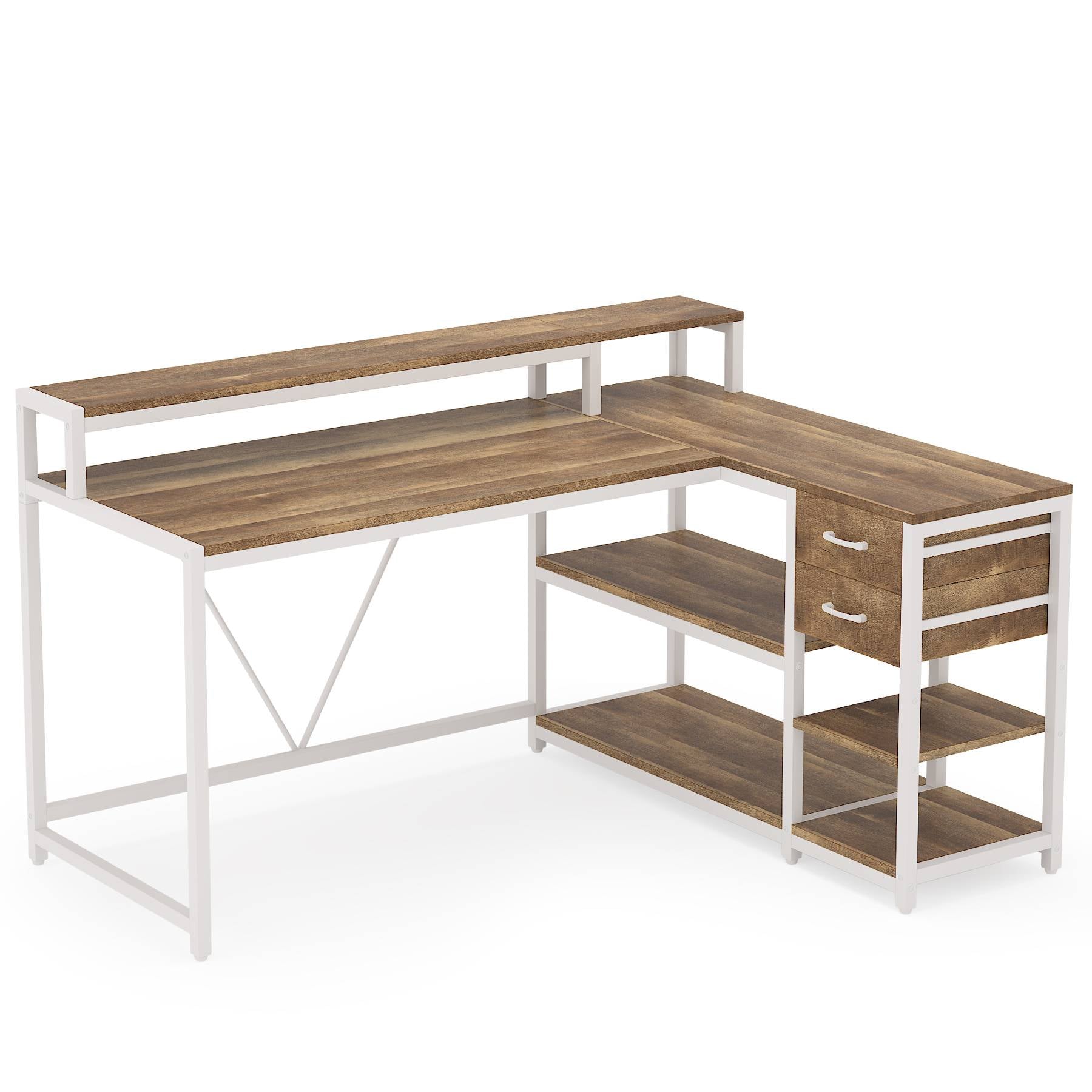 Reversible L-Shaped Desk, Industrial Corner Desk with Drawer & Shelves