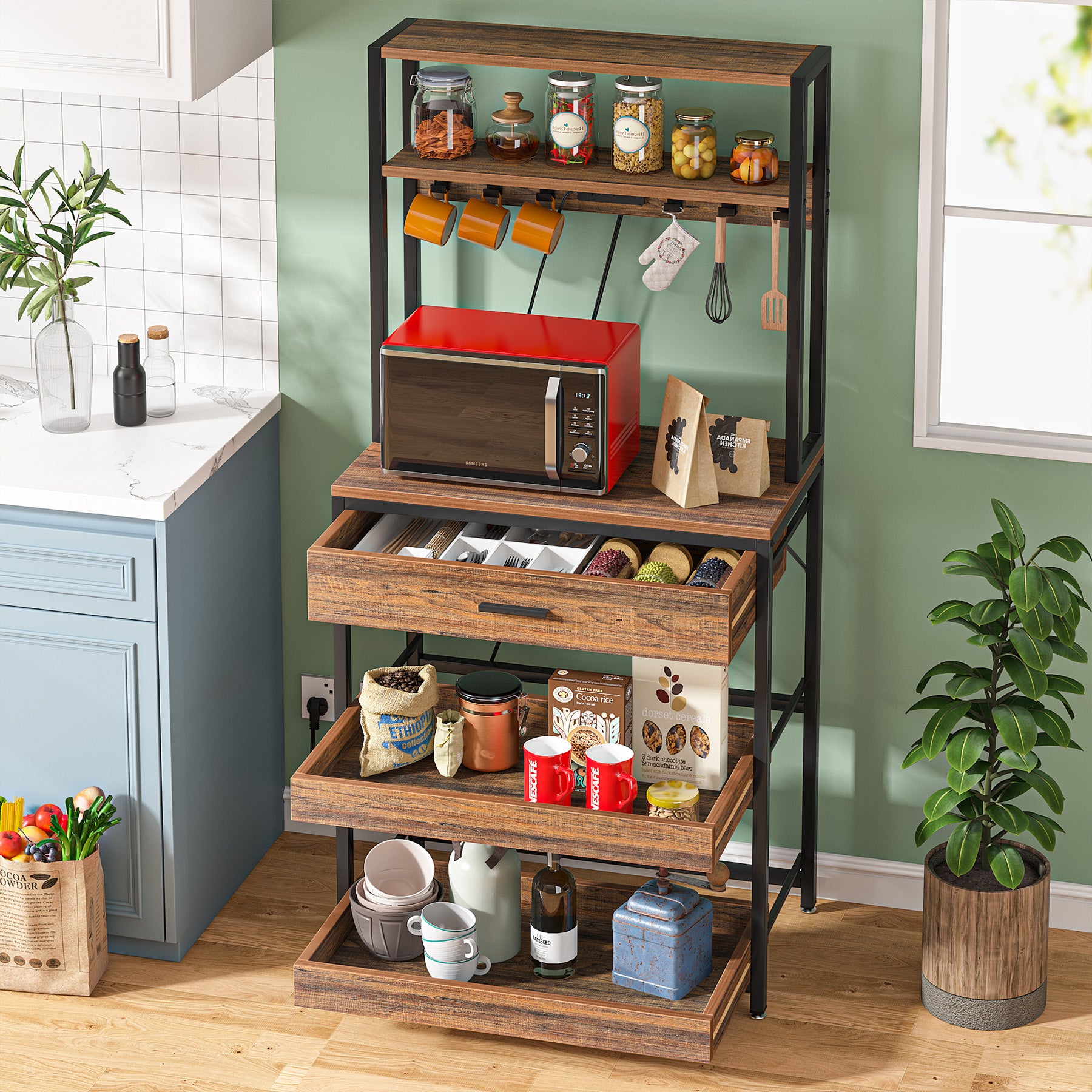 5-Tier Kitchen Baker's Rack with Power Outlets, Drawer & Sliding Shelves