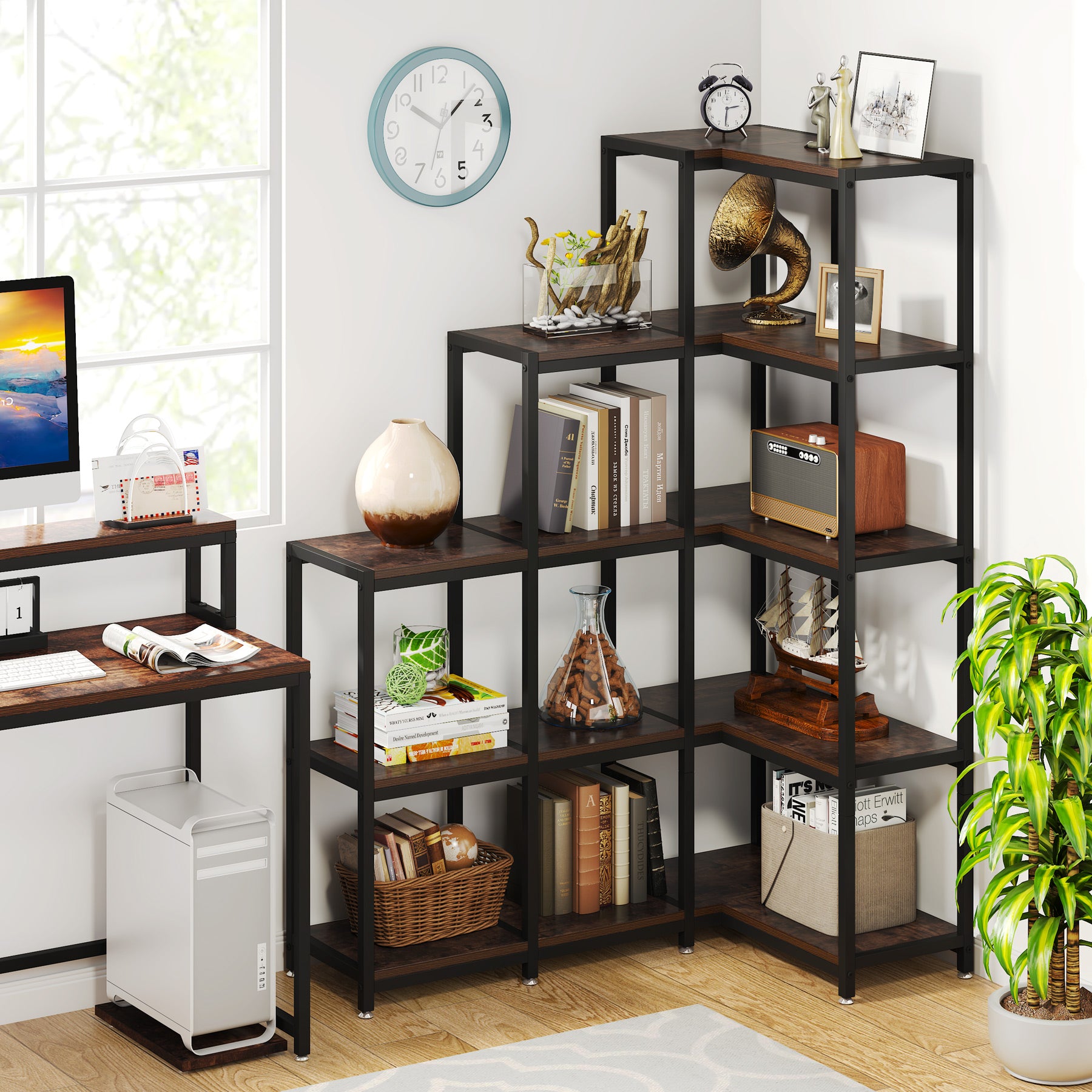 63” Tall Corner Bookshelf, 5-Tier Ladder Corner Etagere Bookcase