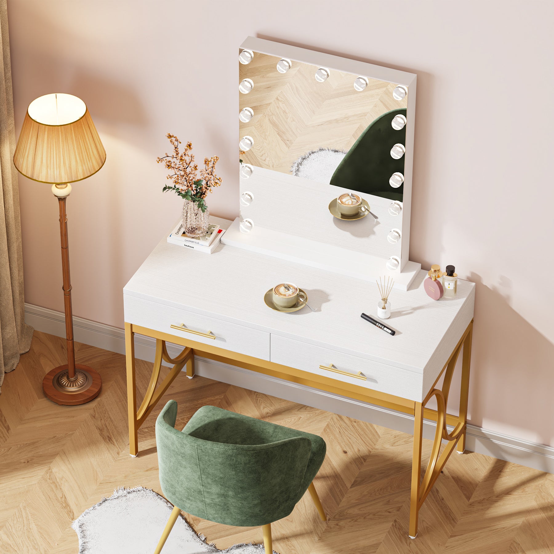 Modern Makeup Vanity, 2-Drawer Dressing Table with Lighted Mirror