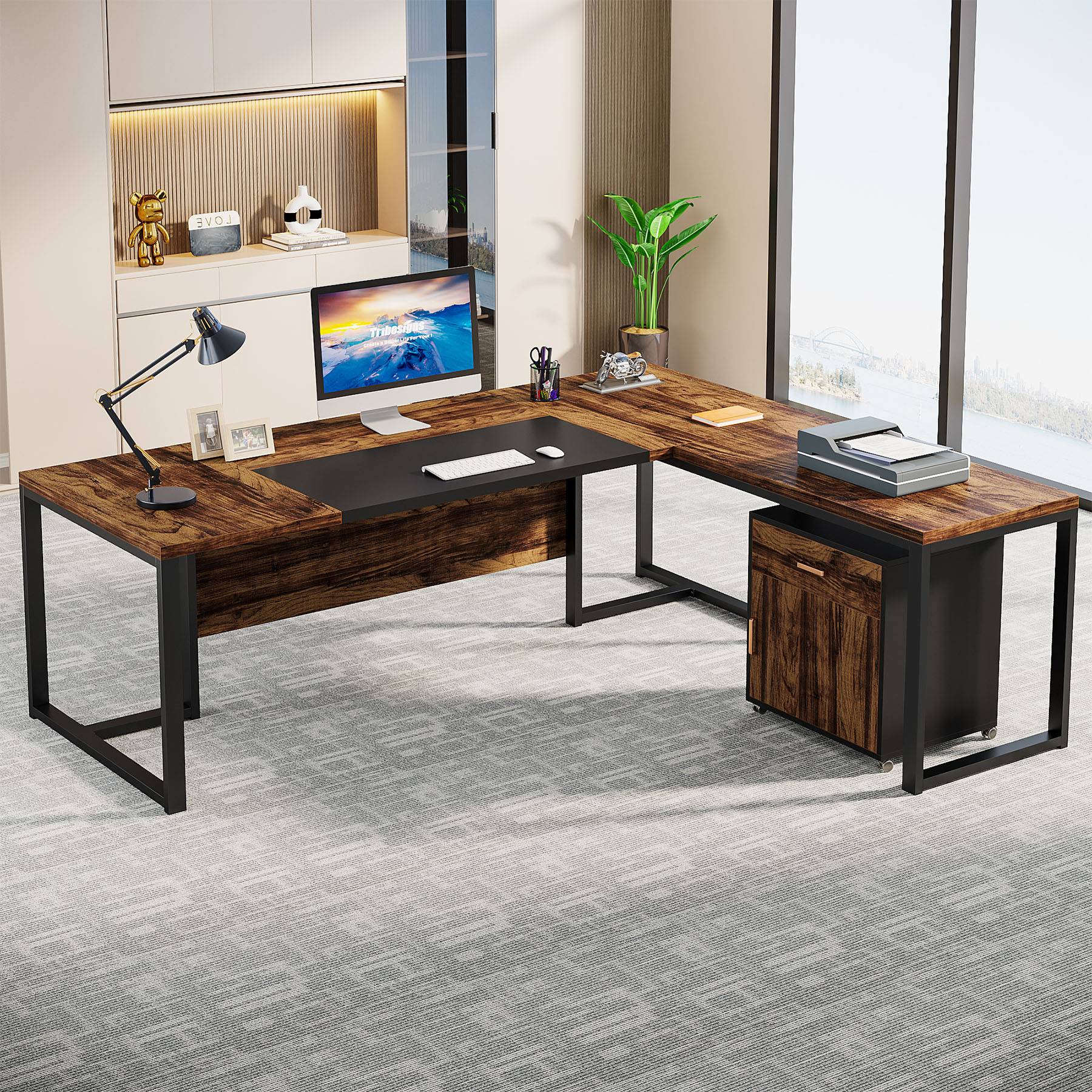 70.8” L-Shaped Desk, Large Executive Desk with Mobile File Cabinet