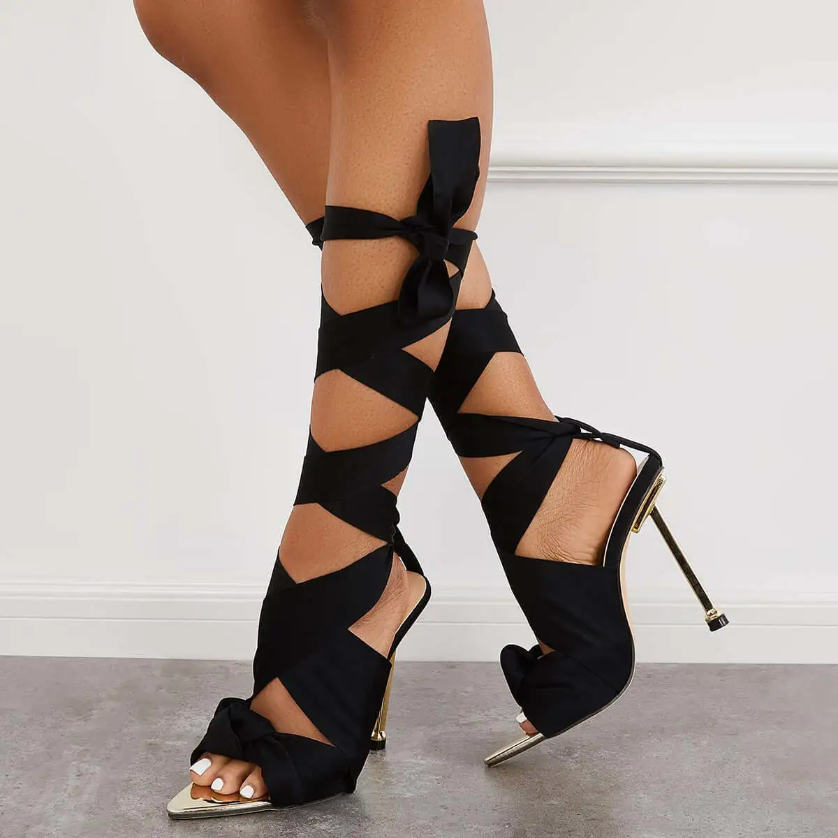 Ribbon Lace Up Ankle Strap Stiletto Sandals Dress High Heels