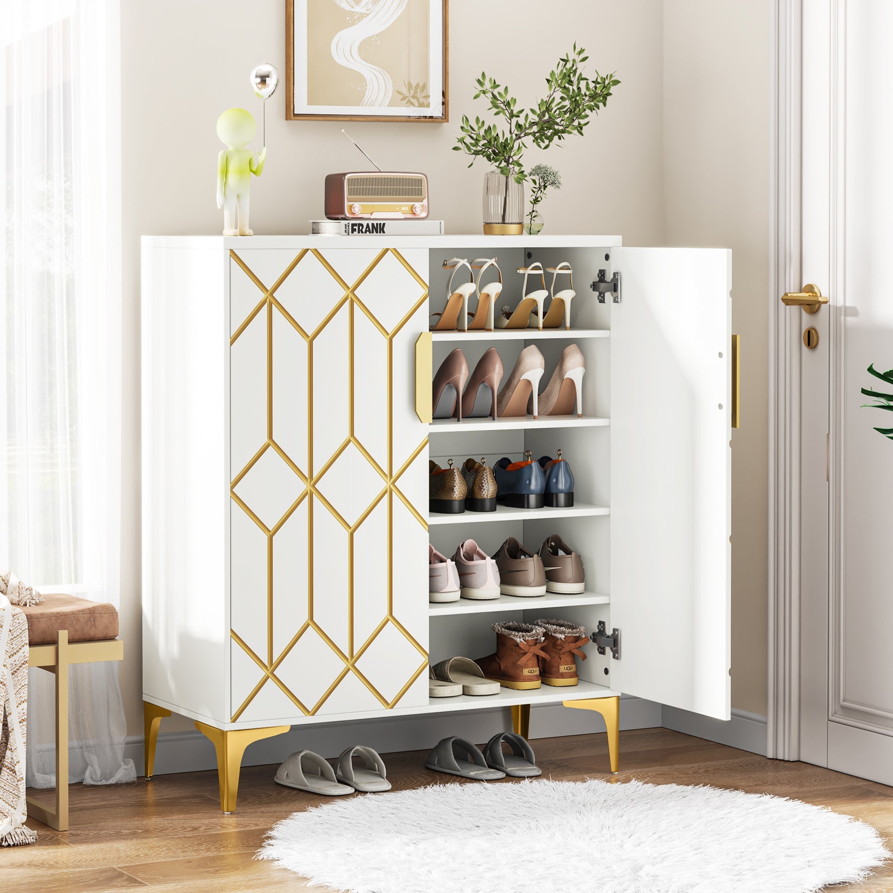 5-Tier Shoe Cabinet with Doors, Wooden Shoe Organizer with Adjustable Shelves