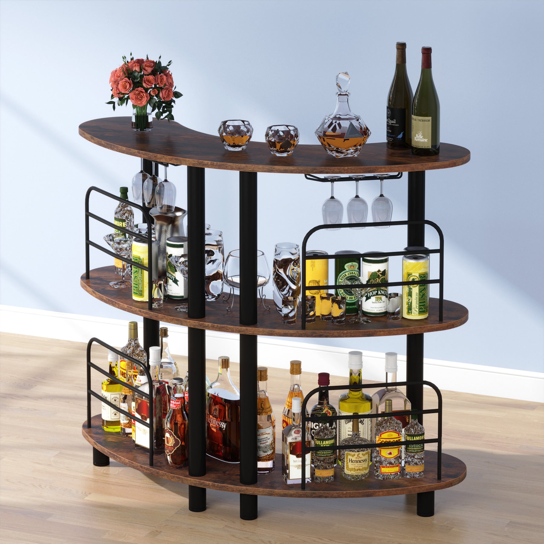 3-Tier Bar Unit, Liquor Bar Cabinet with Storage Shelves