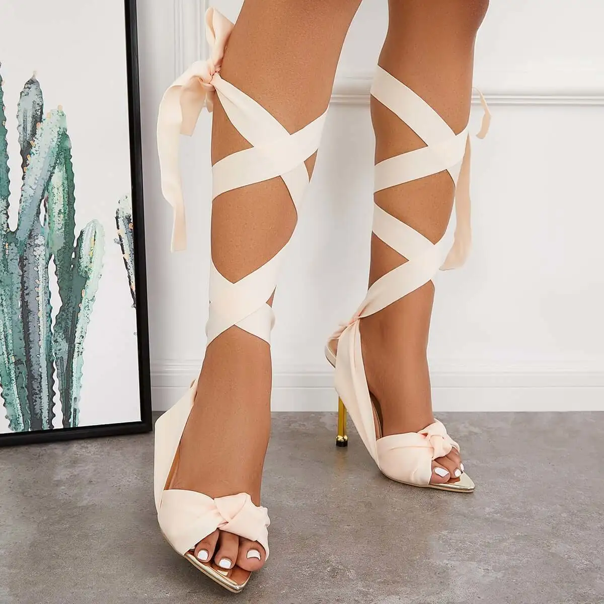 Ribbon Lace Up Ankle Strap Stiletto Sandals Dress High Heels