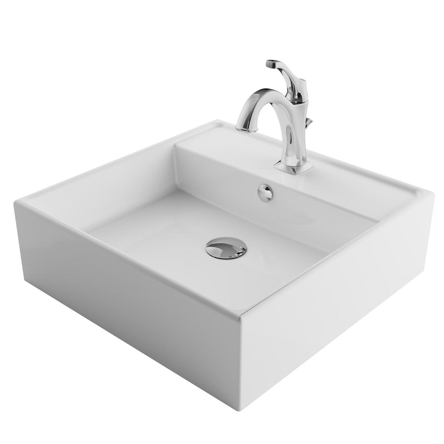 KRAUS Elavo 18 1/2-inch Square White Porcelain Ceramic Bathroom Vessel Sink with Overflow and Arlo Faucet Combo Set with Lift Rod Drain， Chrome Finish