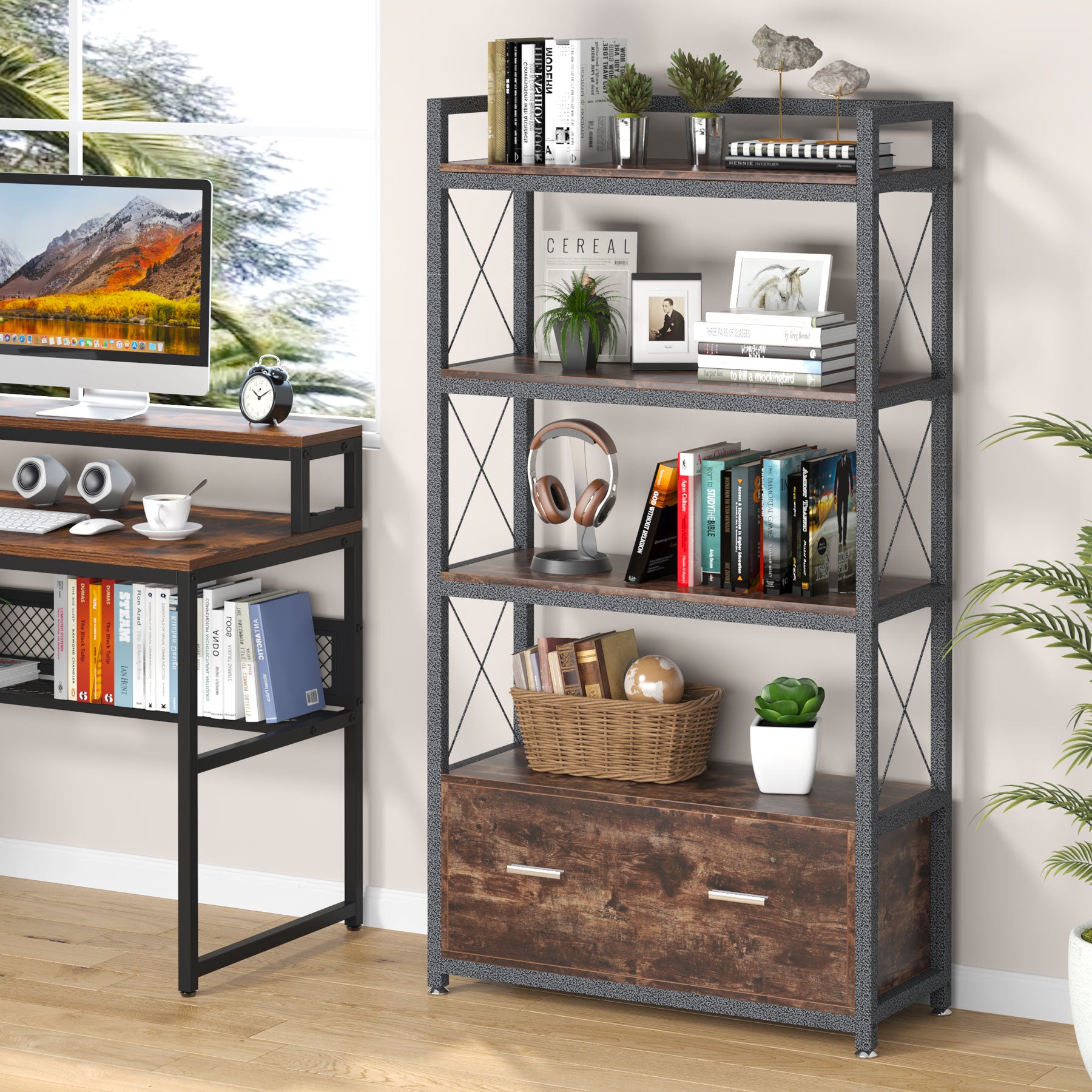 Vertical File Cabinet, Freestanding Filing Cabinet with Drawer & Open Shelves