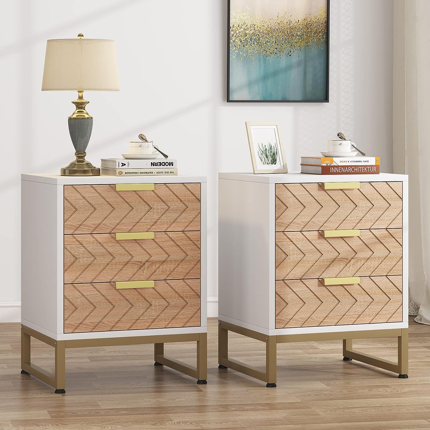 3 Drawers Nightstand, Modern Bedside End Table with Metal Frame