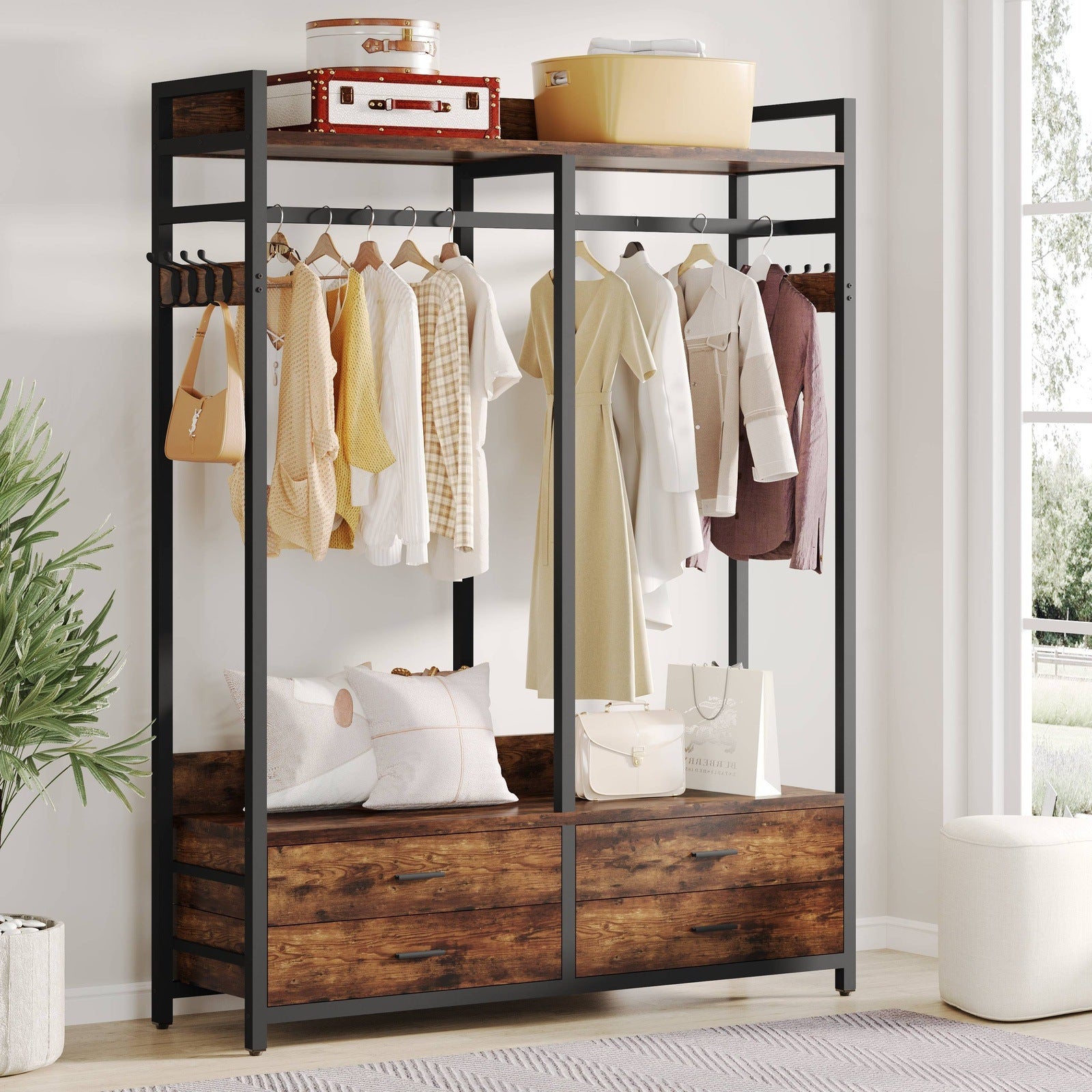 Freestanding Closet Organizer, Garment Rack with Drawers & Shelves