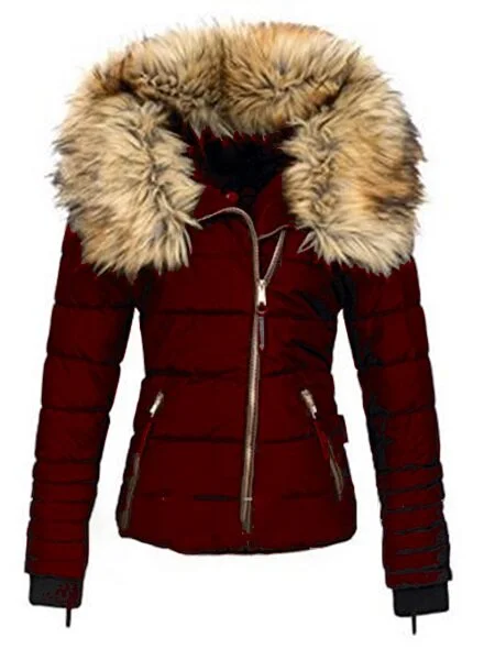 Faux fur collar zipper patchwork women's coat/black