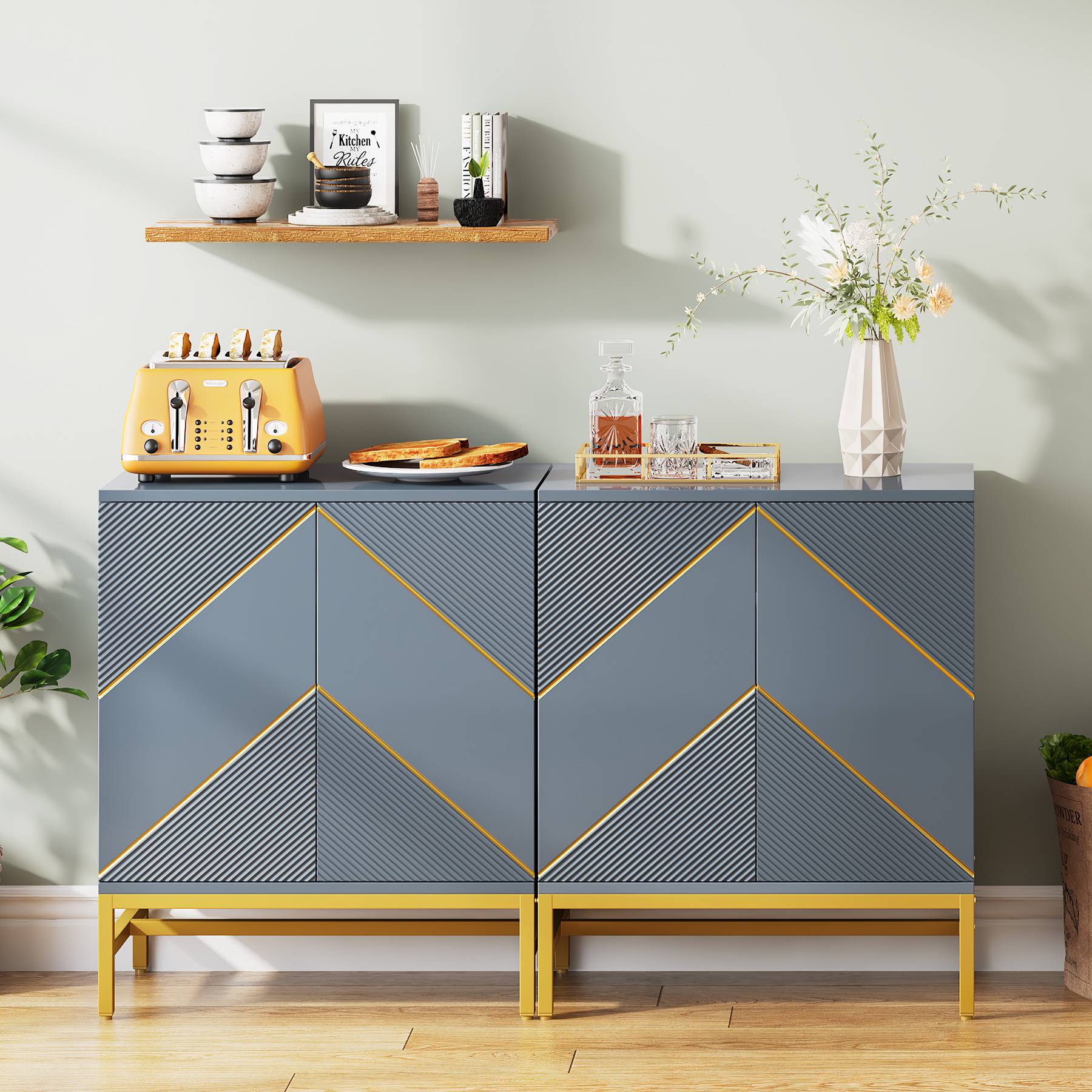 Sideboard Buffet Set of 2, Kitchen Storage Cabinet with Adjustable Shelves