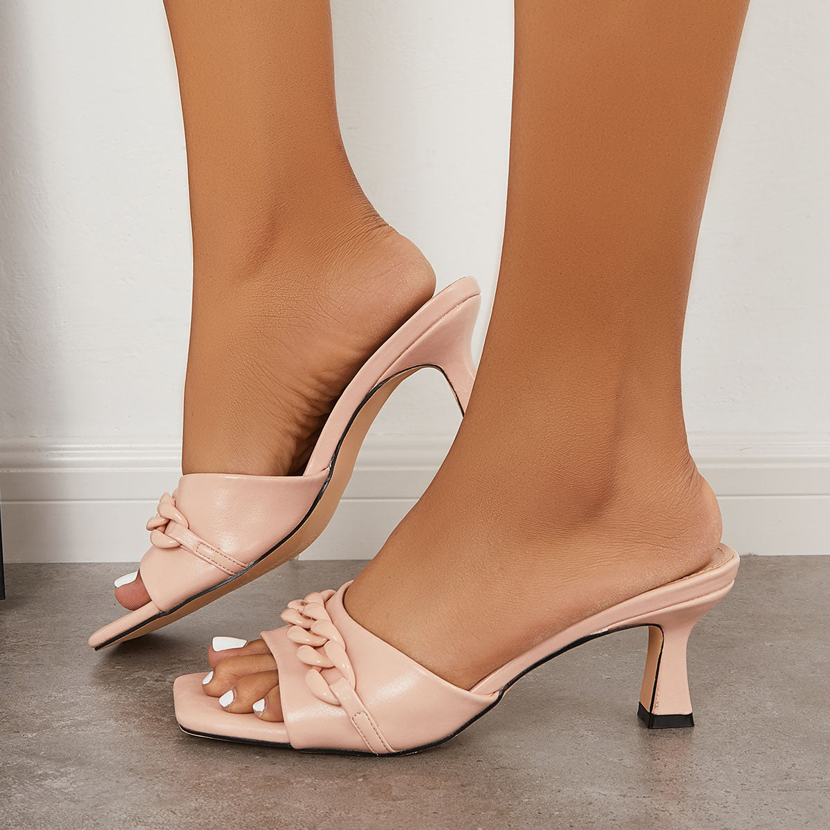 Chain Decor Square Toe Low Kitten Heeled Mules Slide Sandals