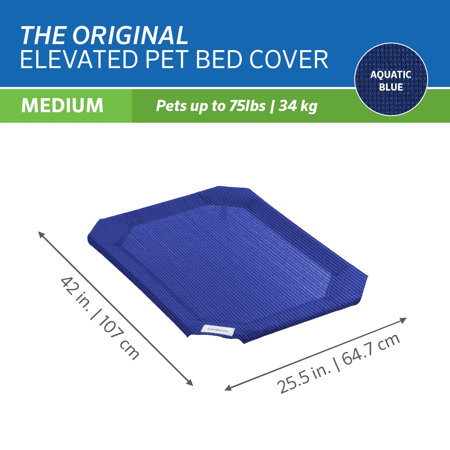 The Original Coolaroo Elevated Pet Dog Bed Replacement Cover， Medium， Aquatic Blue