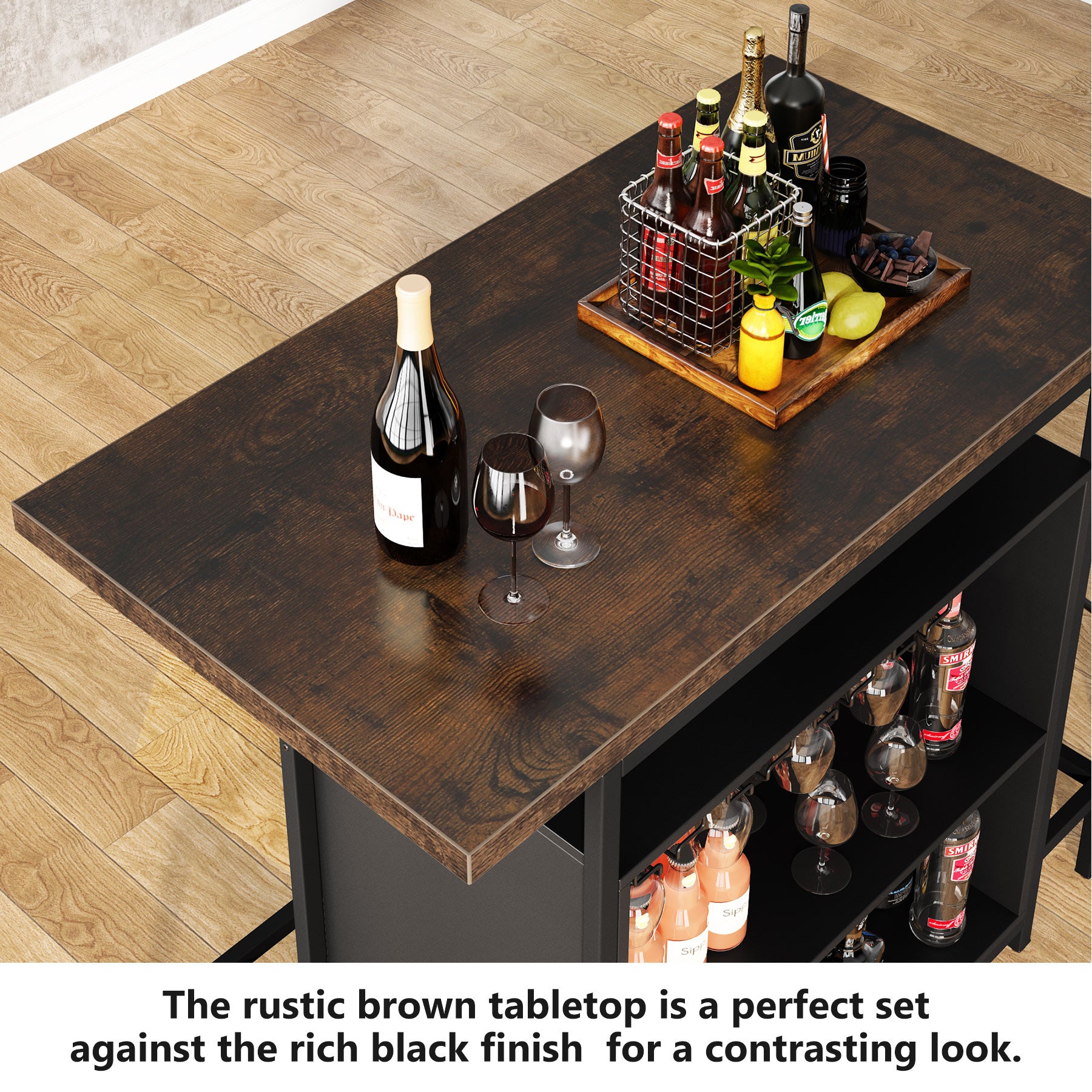 Industrial Home Bar Unit, 3-Tier Liquor Bar Table with Glasses Holder