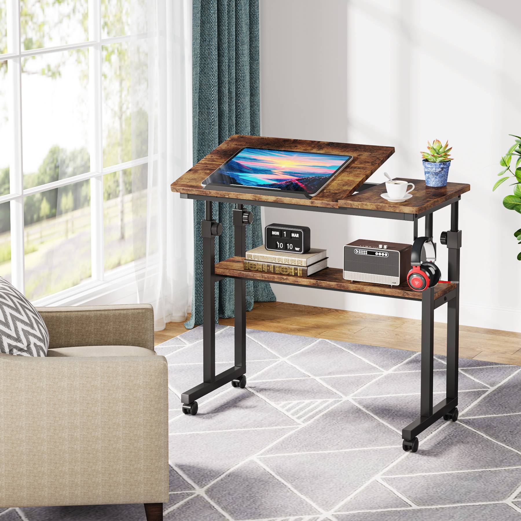 Height Adjustable Desk, Rolling Standing Computer Desk for Sofa Bed