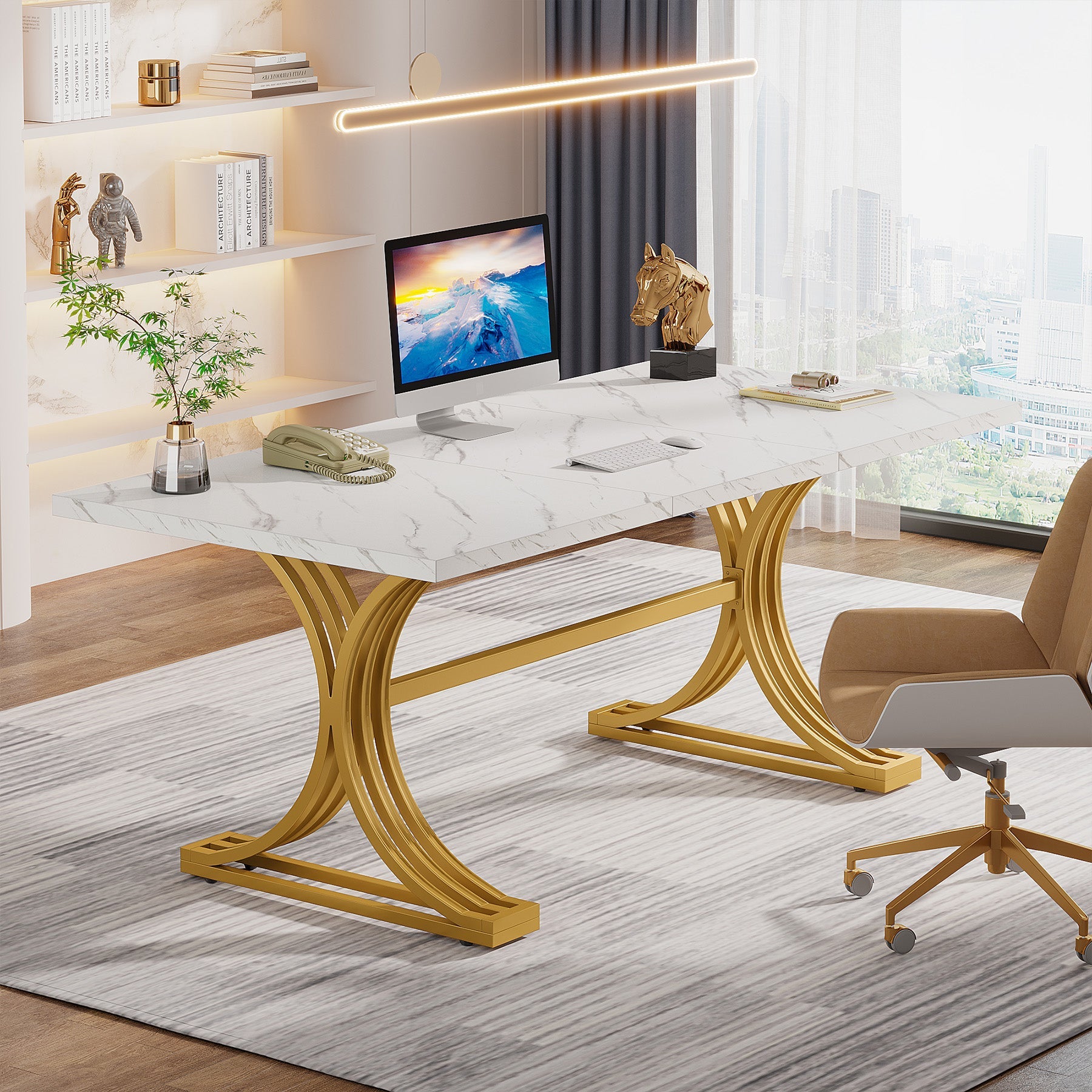 63'' Modern Executive Computer Desk with Faux Marble Tabletop