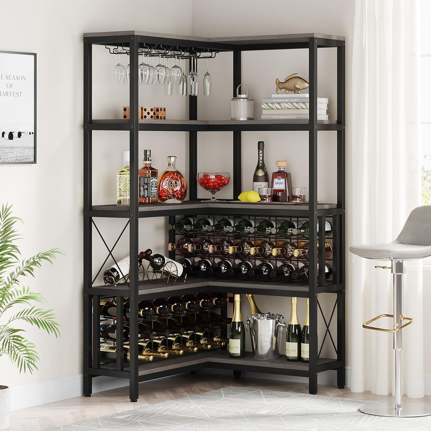 Corner Wine Rack, Freestanding Bar Cabinets for Liquor and Glasses Storage