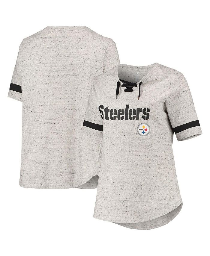 Women's Heathered Gray Pittsburgh Steelers Plus Size Lace-Up V-Neck T-shirt