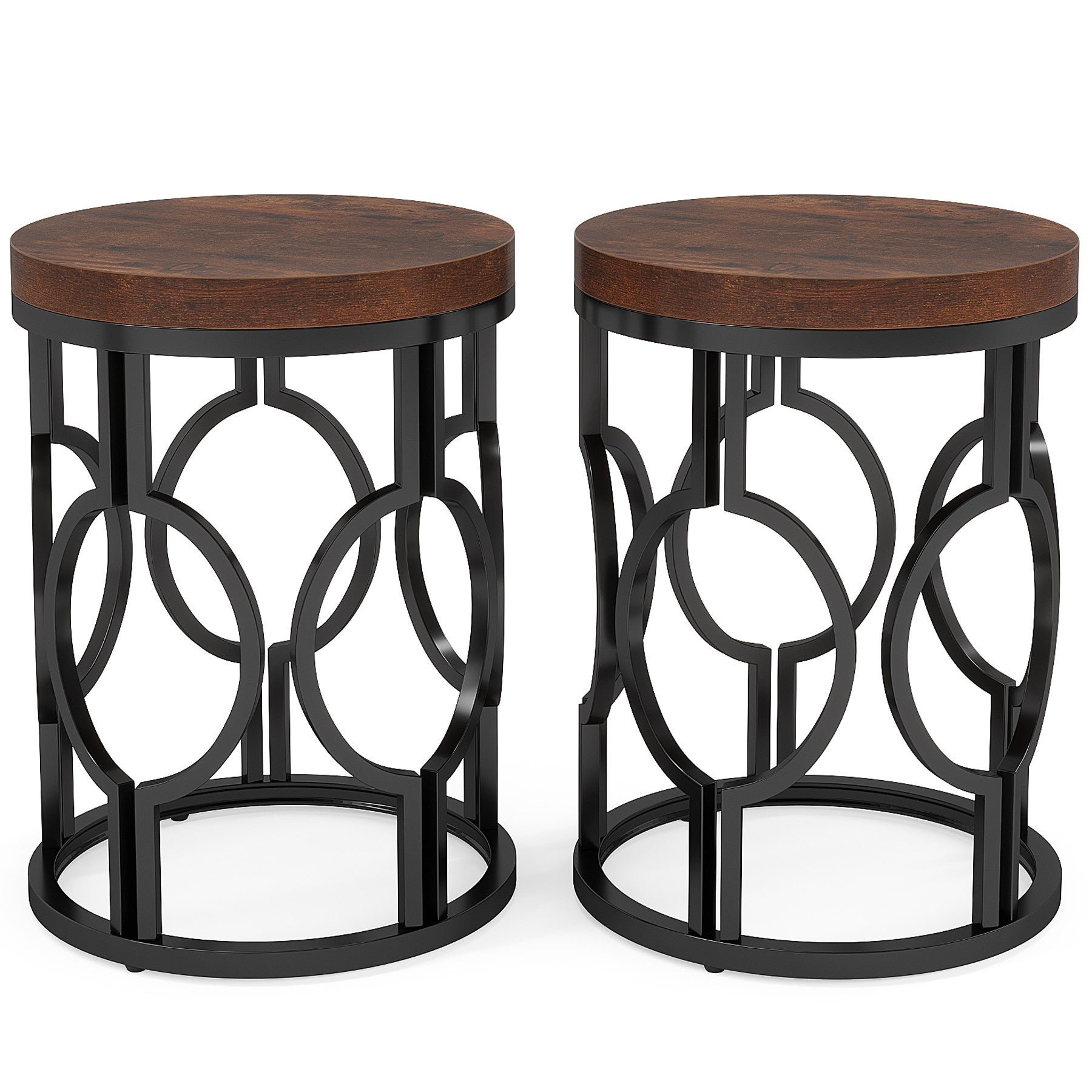 Round End Table, Industrial Side Table with Metal Hollow Frame