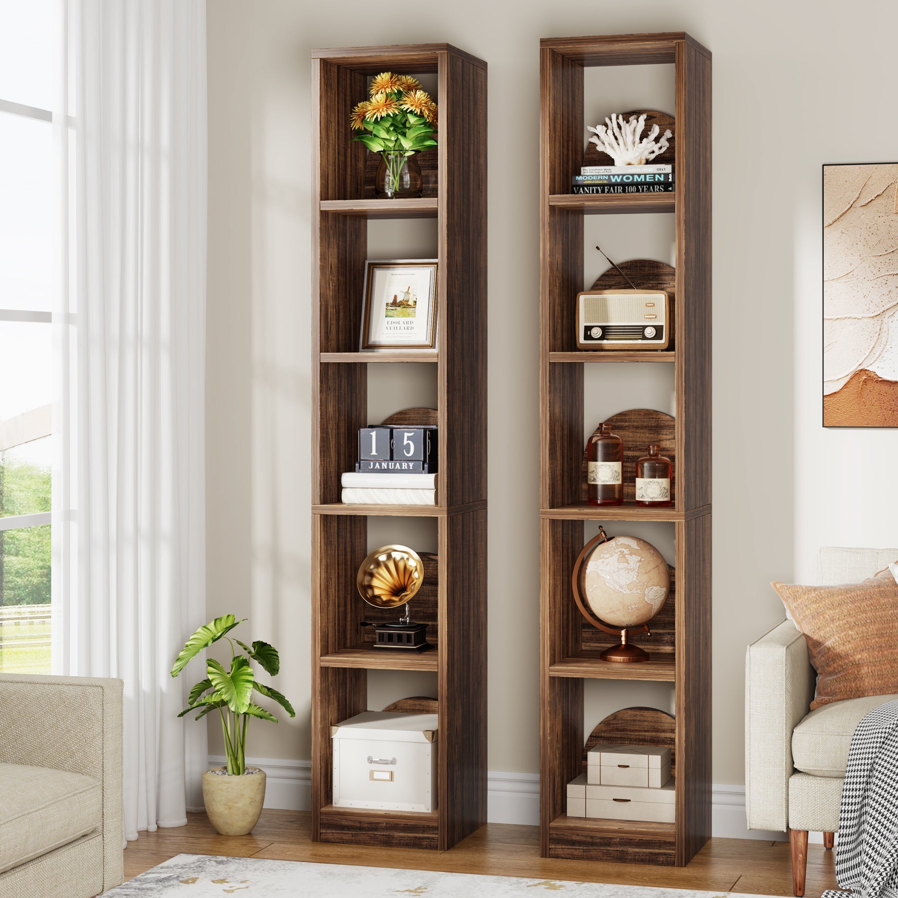 5-Tier Wood Bookcase, Tall Corner Bookshelf Narrow Display Shelf