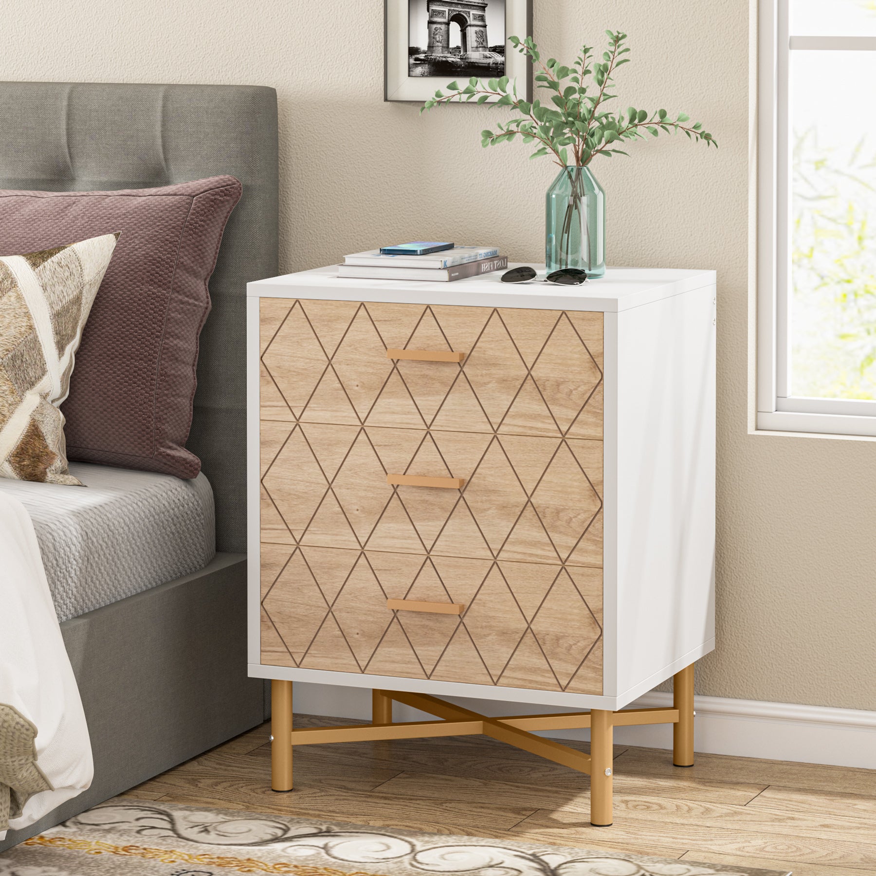 3-Drawer Nightstand, Modern Bedside Table with Metal Legs