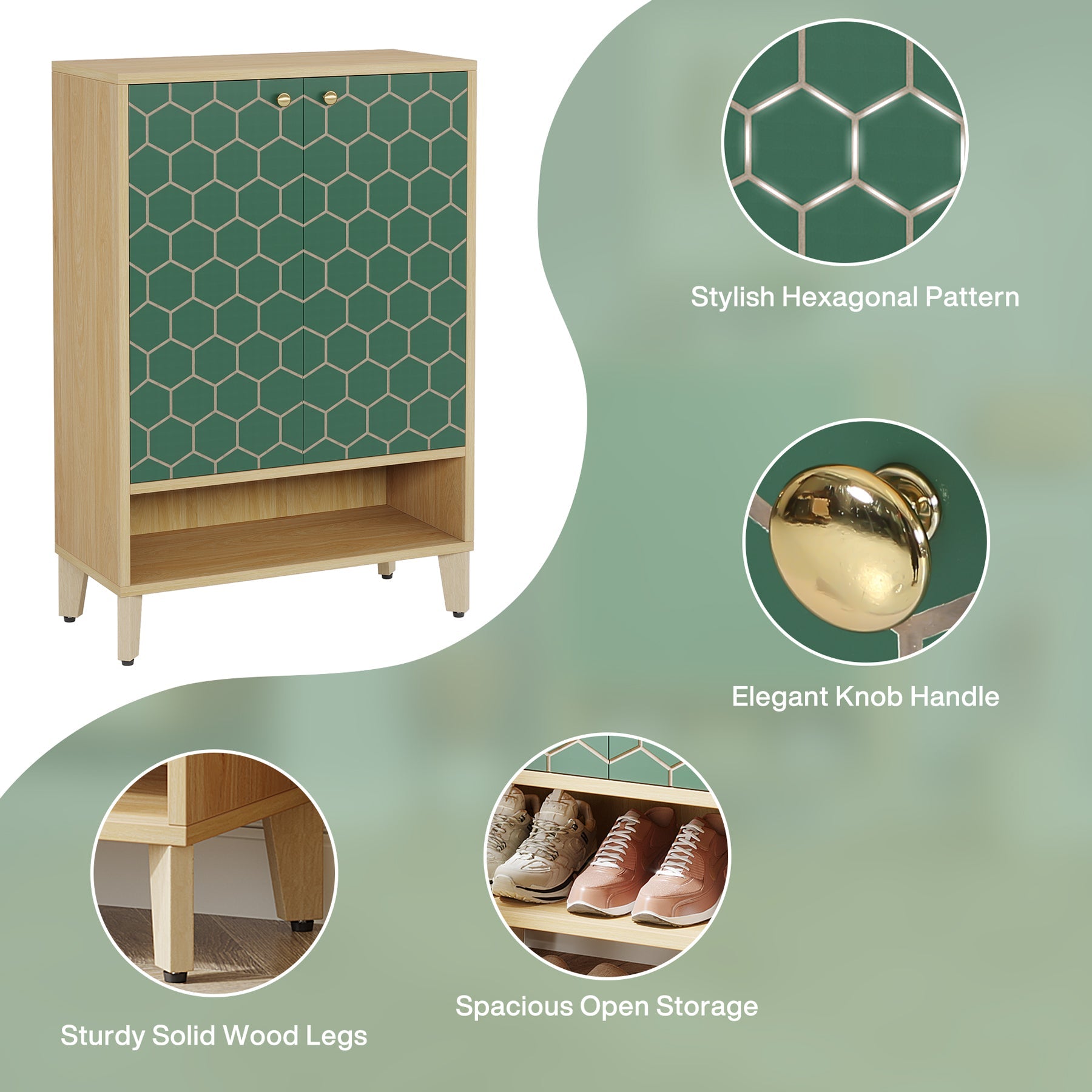 2-Door Shoe Cabinet with Solid Wood Legs & Adjustable Shelves