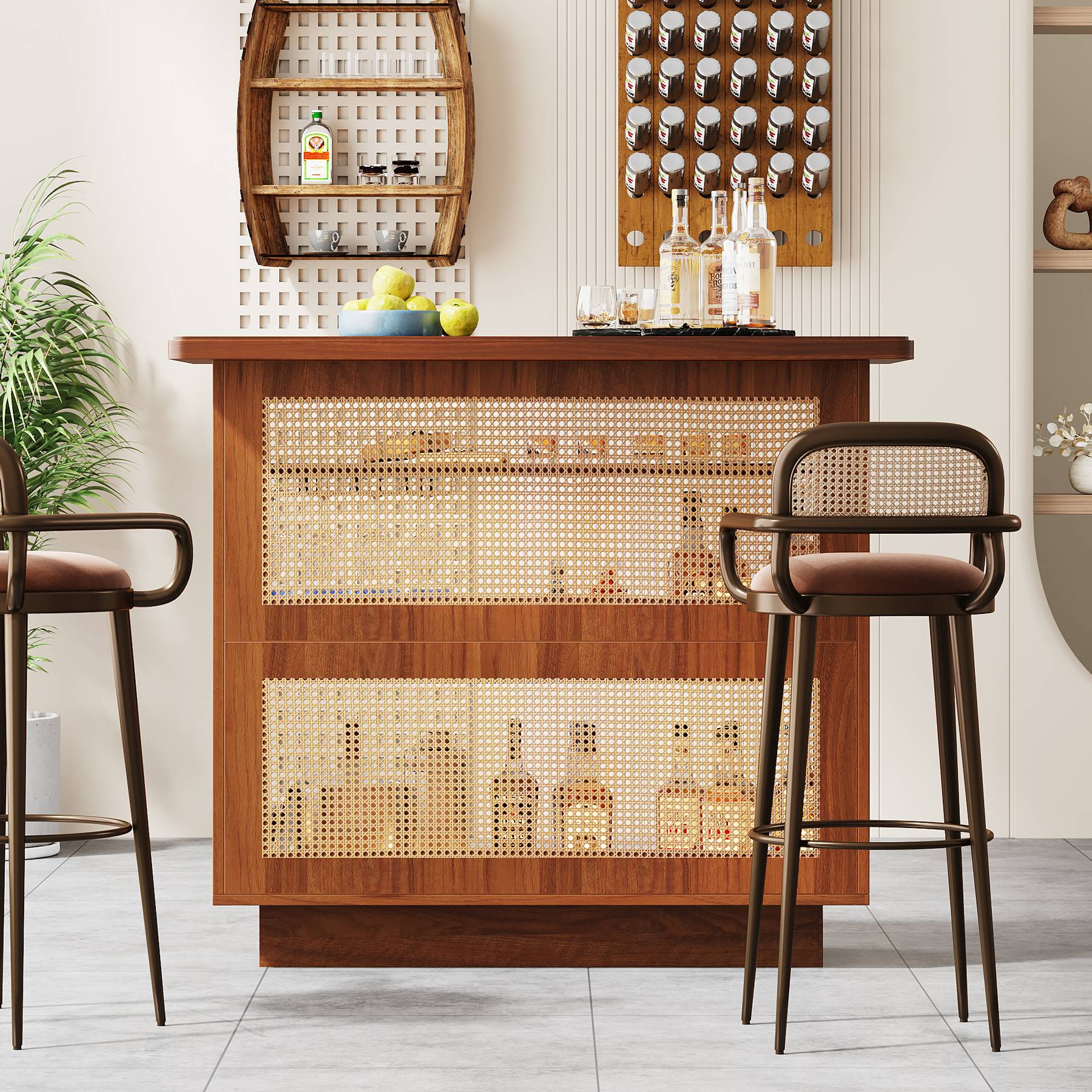 Rattan Home Bar Unit, 4-Tier Liquor Wine Bar Cabinet with Stemware Racks