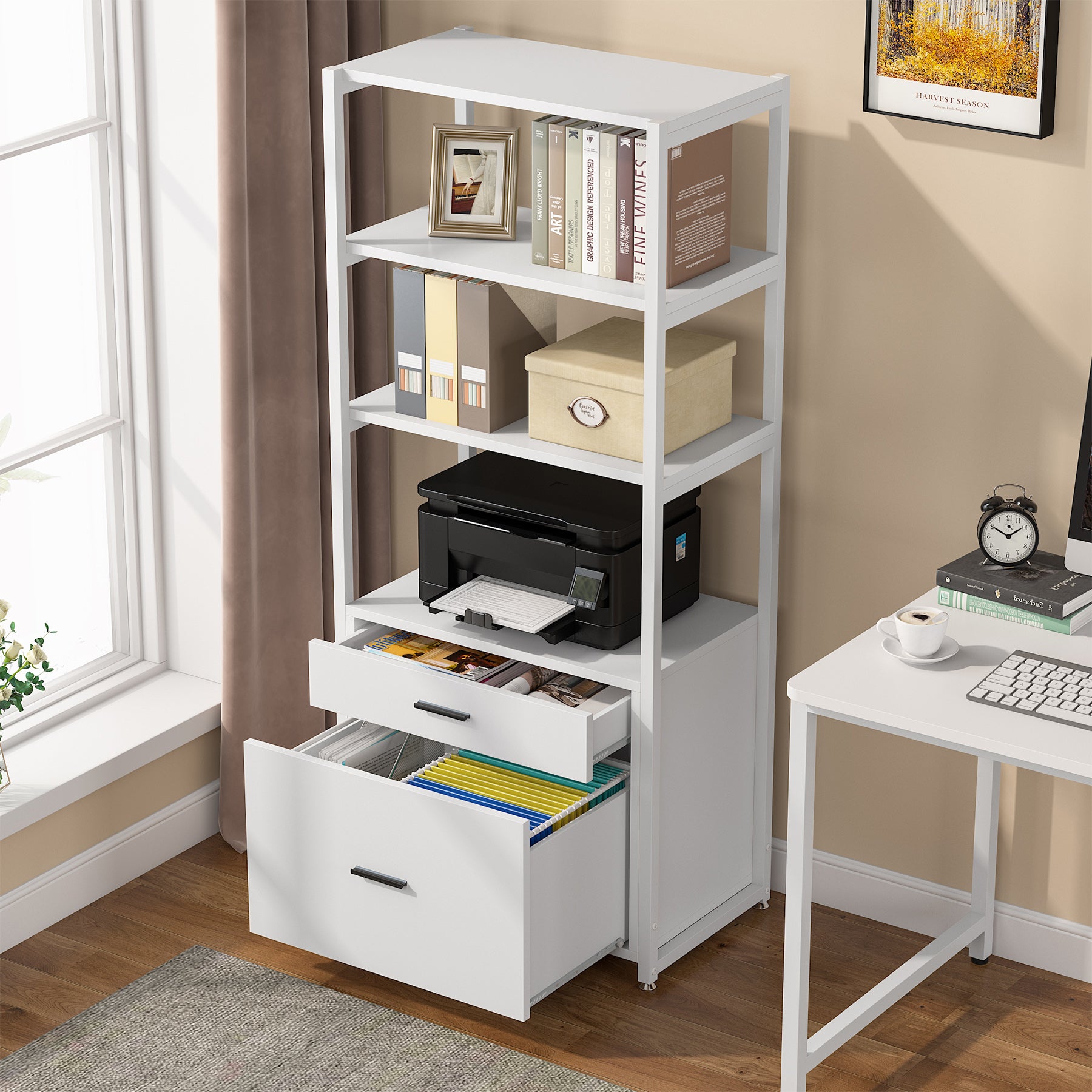 4-Tier File Cabinet, Modern Bookshelf with 2 Drawers