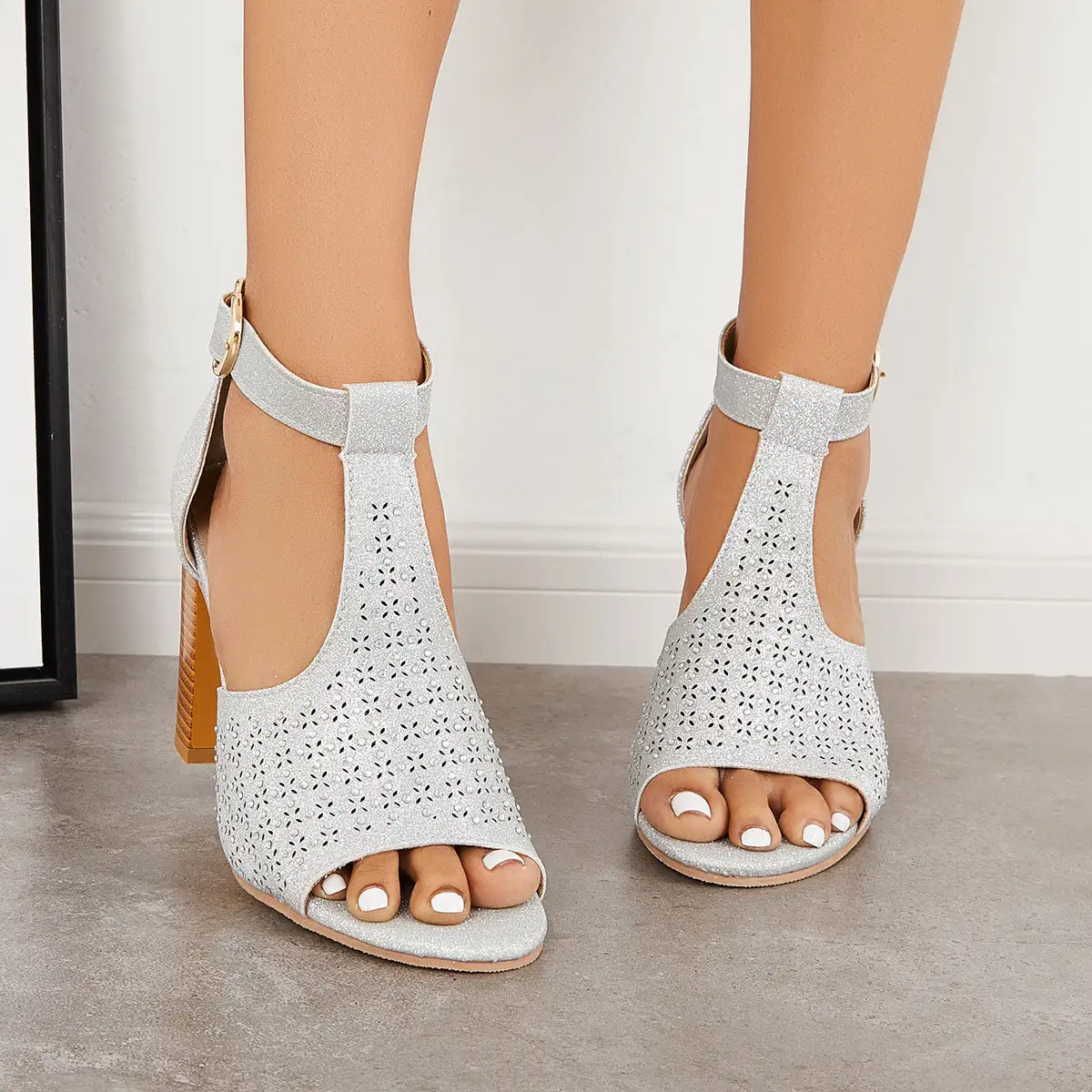 Shiny T-Strap Chunky High Heels Ankle Strap Dress Sandals