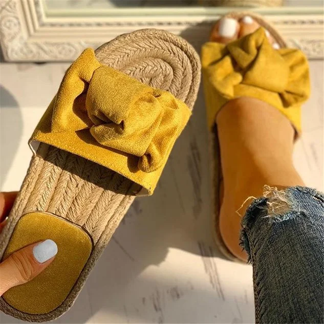 Women Suede Bowknot Design Hempen Cord Flat Slipper