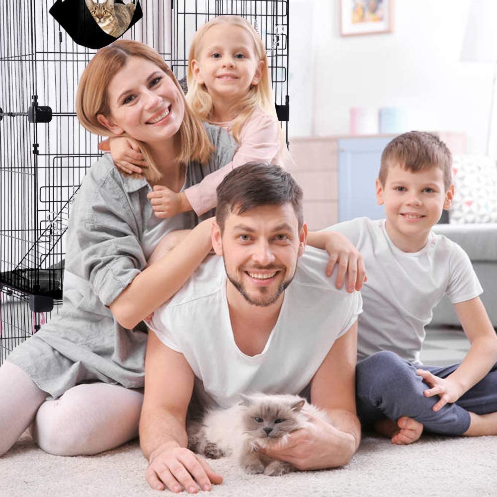 67 inch Cat Playpen Cage Cat Kennel Large Cat Cage Playpen Cat Crates for Indoor Cats with Free Hammock 3 Cat Bed 3 Front Doors 2 Ramp Ladders Perching Shelves， Black