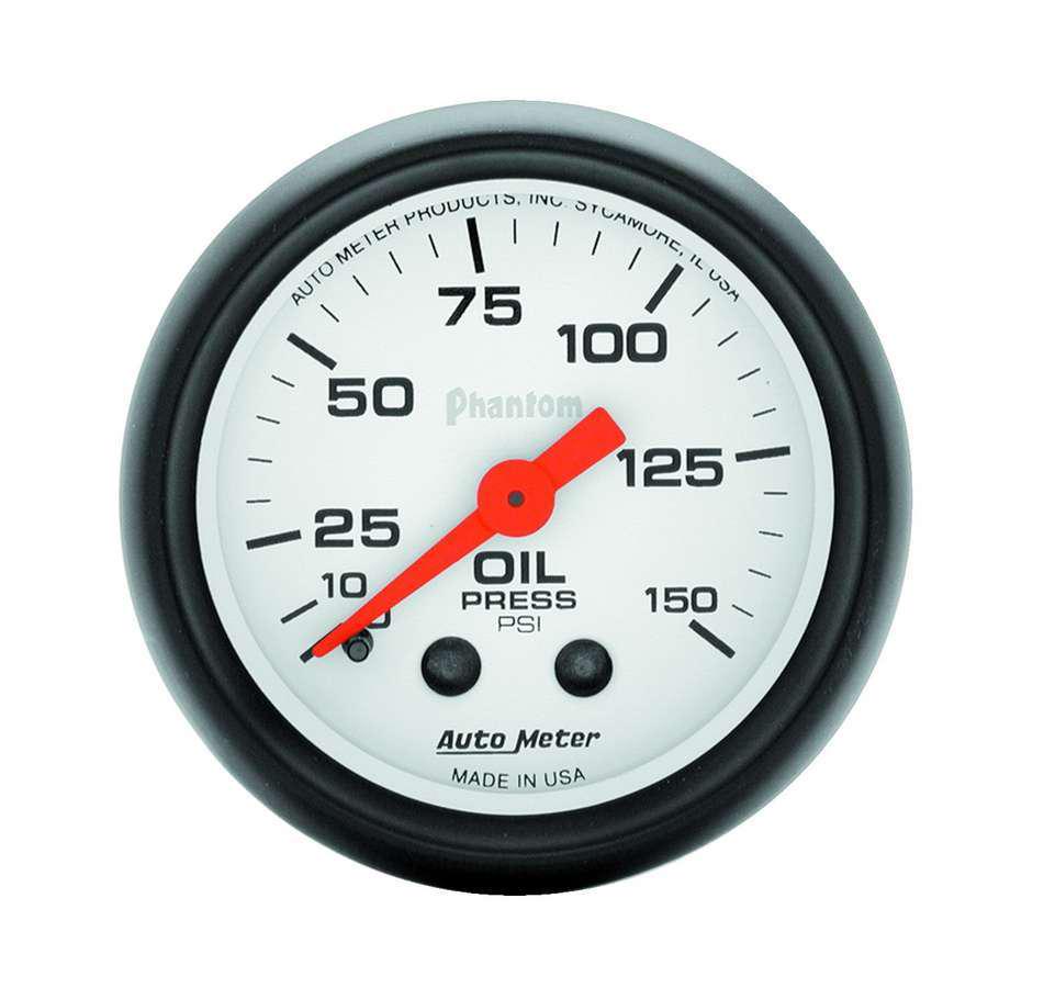 AutoMeter 5723 Phantom Mechanical Oil Pressure Gauge; 2-1/16 in.; White Dial Face; Fluorescent Red Pointer; White Incandescent Lighting; Mechanical; 0-150 PSI;